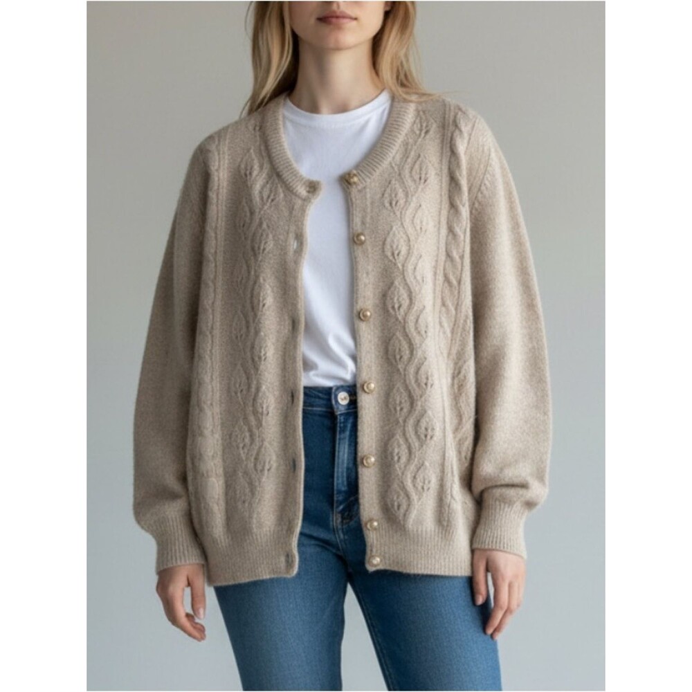 Lyle & Scott Beige Cable-Knit Pearl Button Angora Wool Cardigan